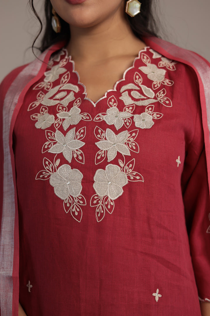 Embroidered Linen Kurta Set Stitched with Zari Border Dupatta