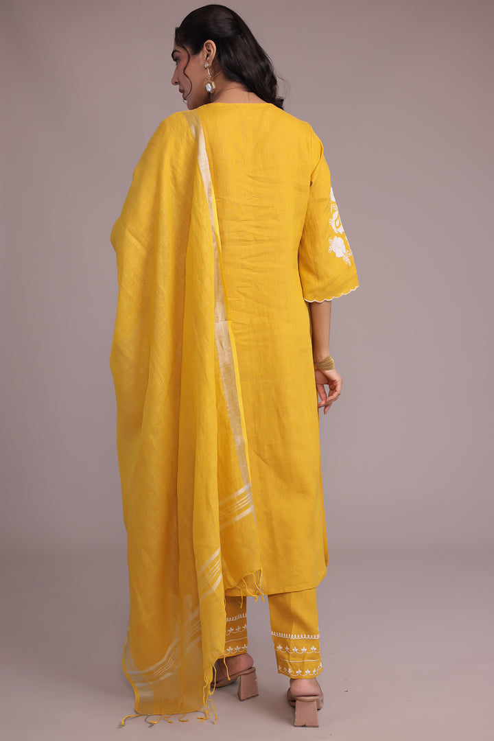 Embroidered Linen Kurta Set Stitched with Zari Border Dupatta
