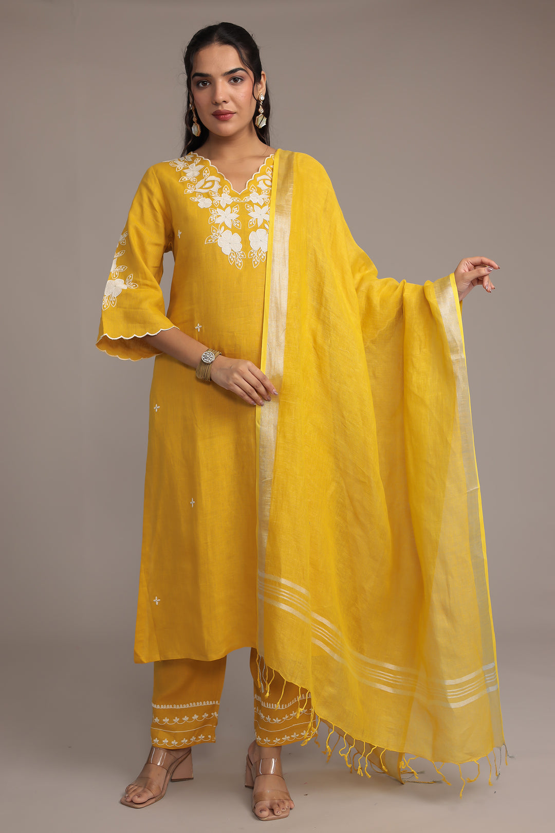 Embroidered Linen Kurta Set Stitched with Zari Border Dupatta