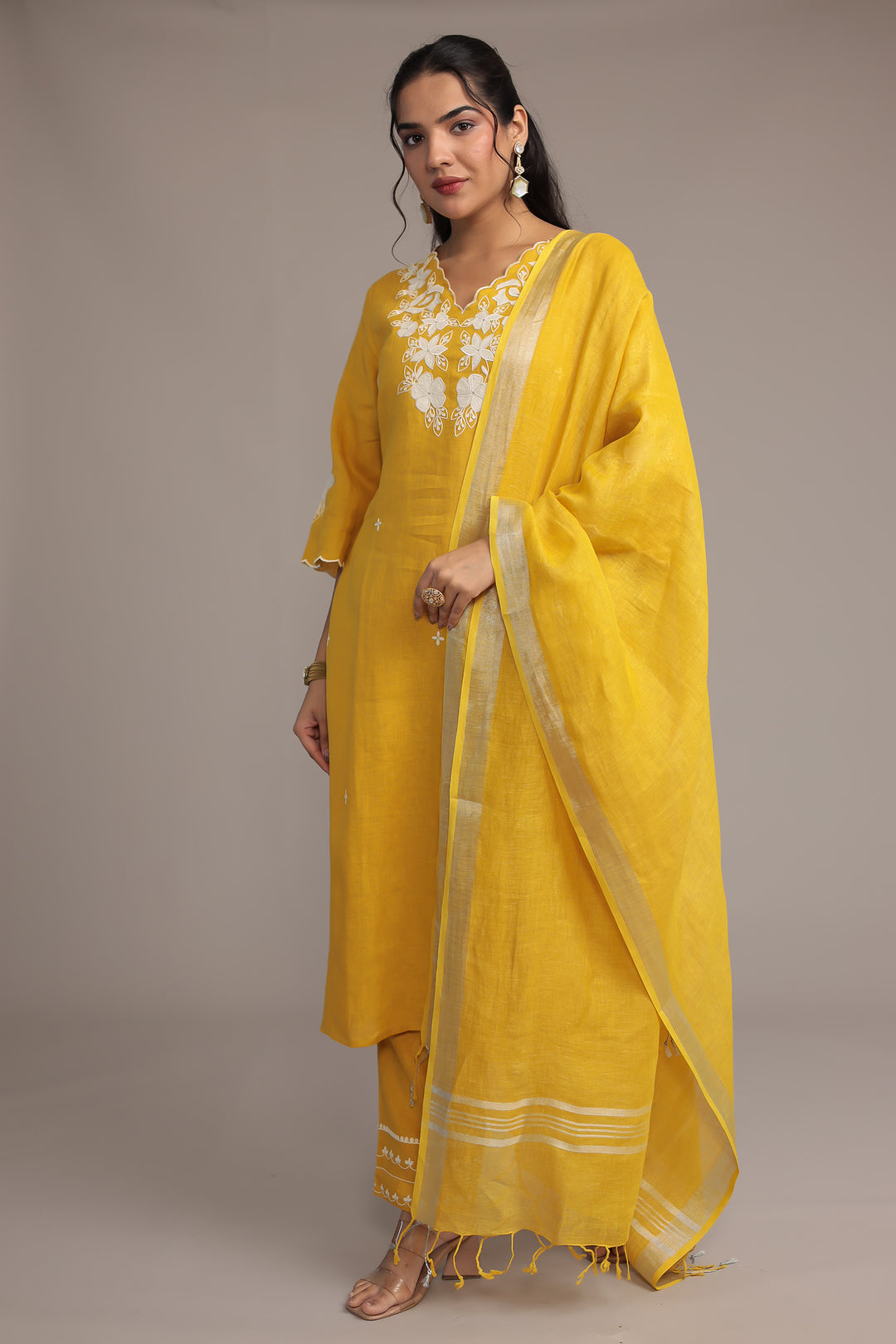 Embroidered Linen Kurta Set Stitched with Zari Border Dupatta