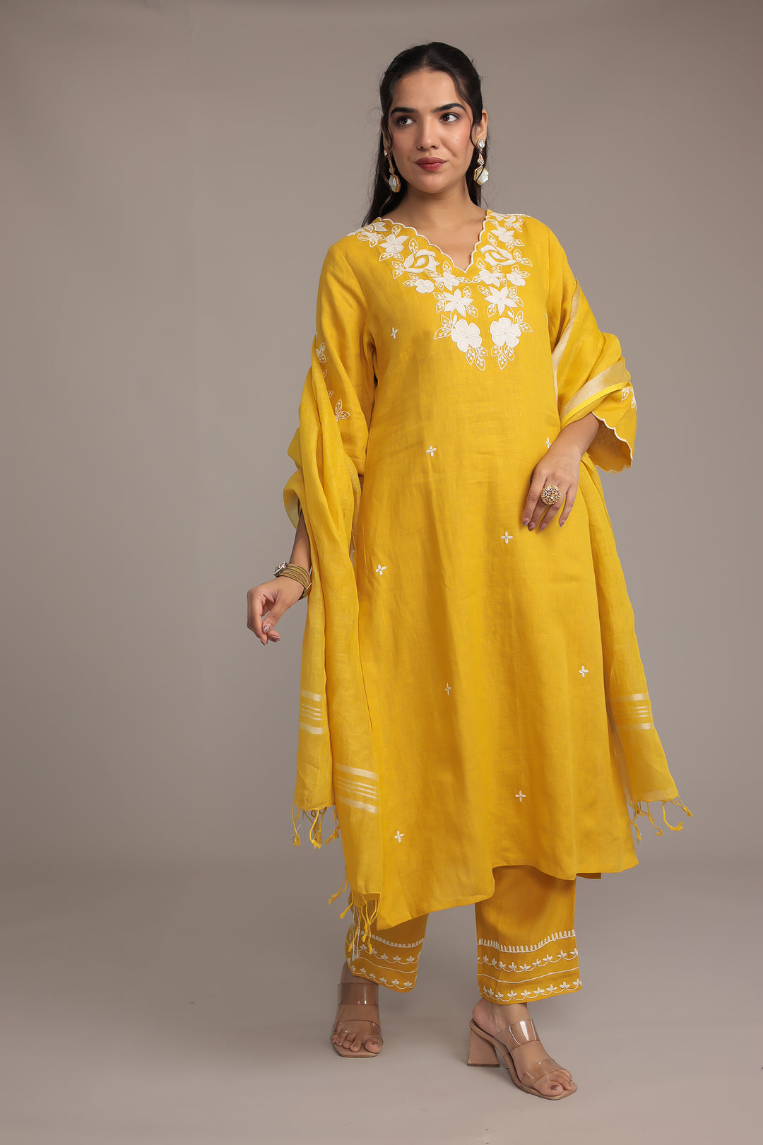 Embroidered Linen Kurta Set Stitched with Zari Border Dupatta
