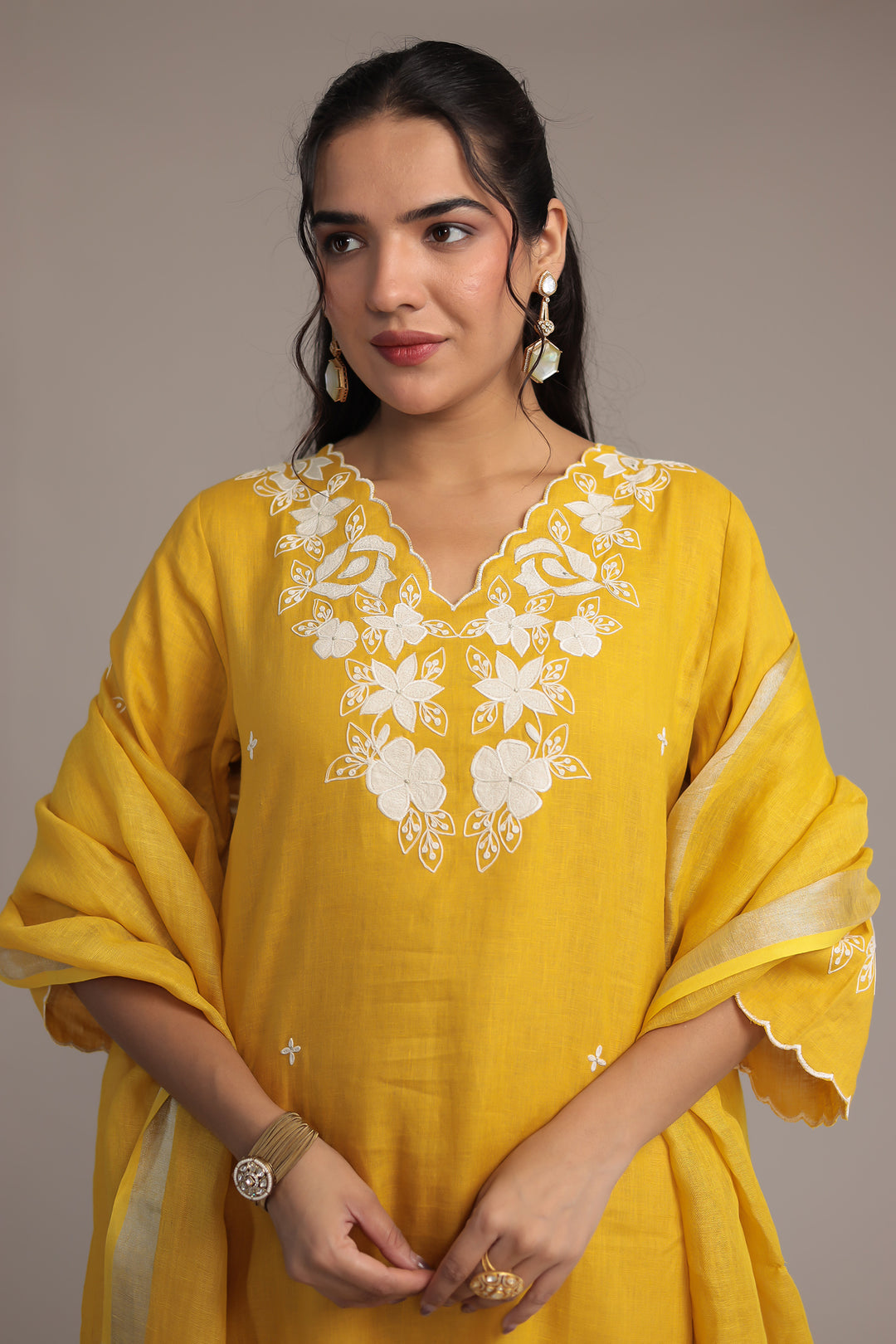 Embroidered Linen Kurta Set Stitched with Zari Border Dupatta