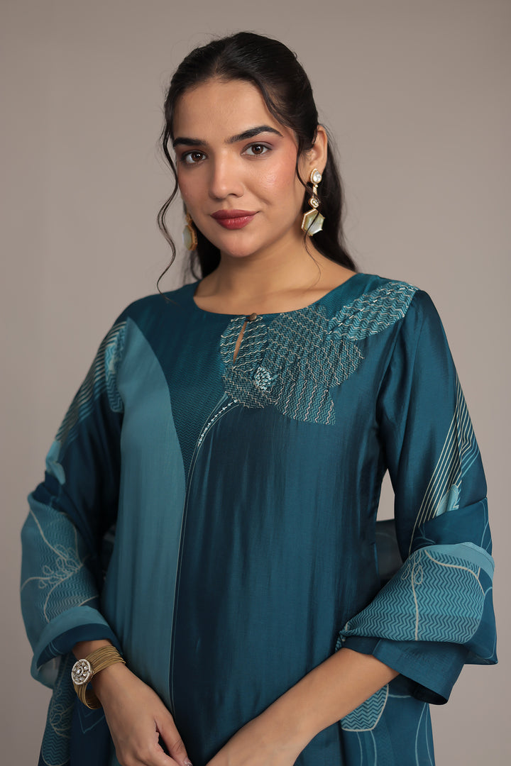 Printed Silk Kurta Set Stitched with Aari and Sequins work
