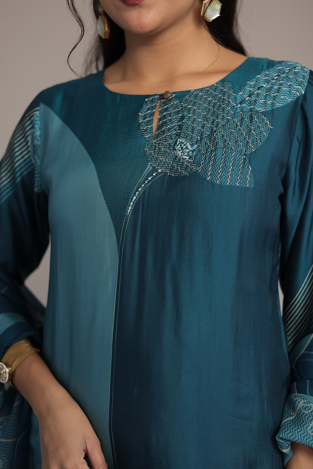 Printed Silk Kurta Set Stitched with Aari and Sequins work