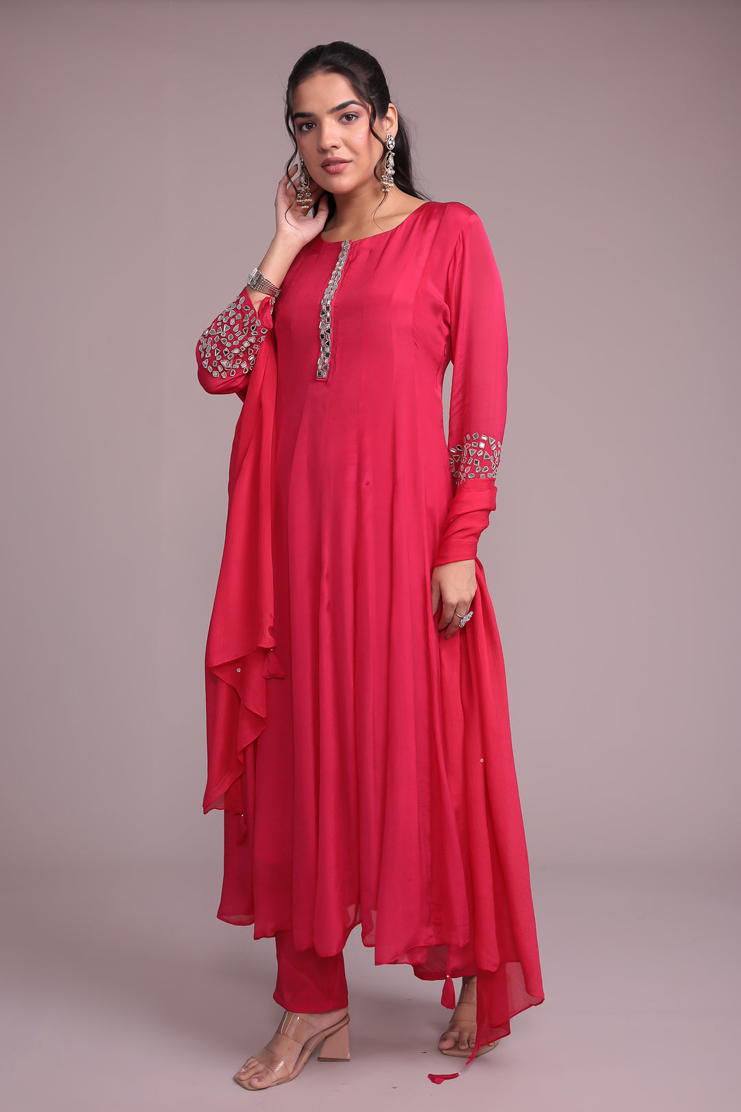 Anarkali Chinon Silk Suit Embellished with Mirror work