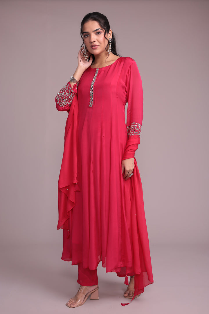 Anarkali Chinon Silk Suit Embellished with Mirror work