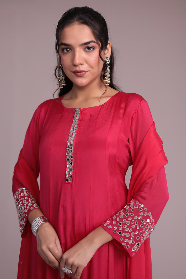 Anarkali Chinon Silk Suit Embellished with Mirror work