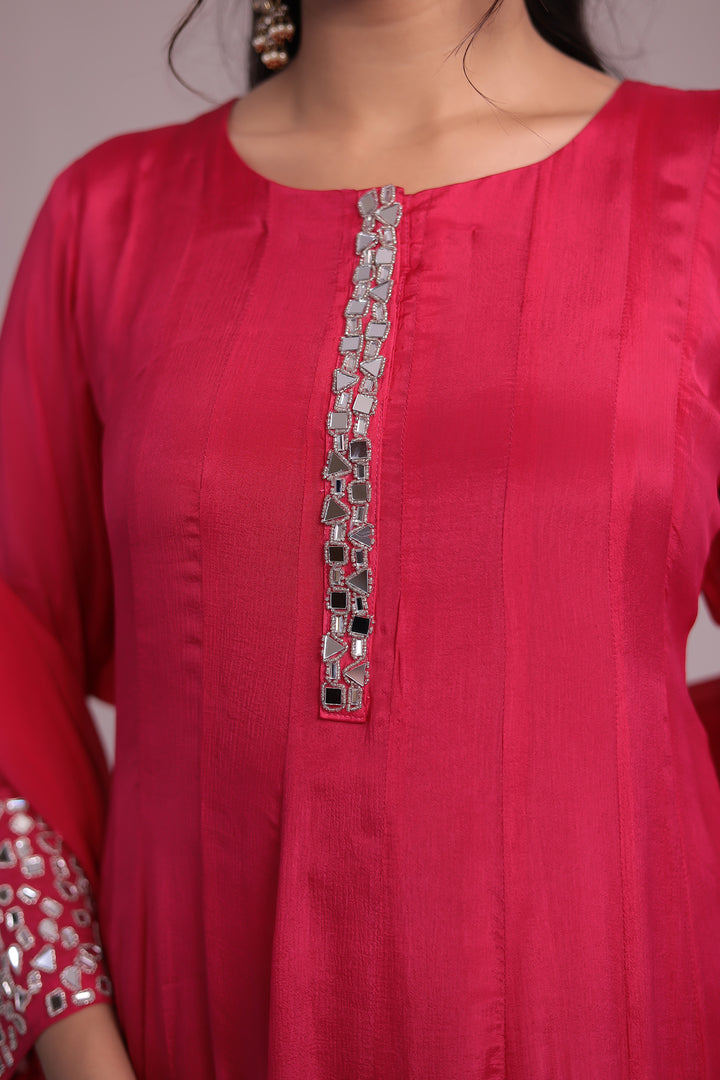 Anarkali Chinon Silk Suit Embellished with Mirror work