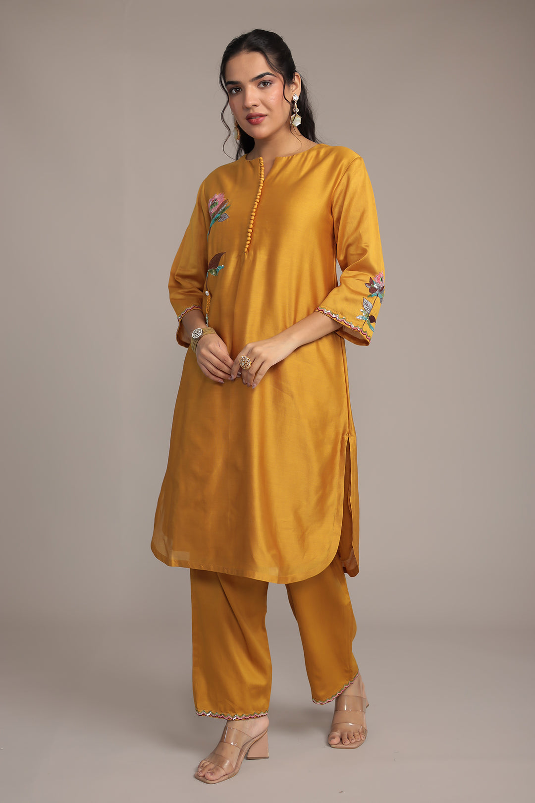 Silk Suit Featuring Fine Embroidery and Sequins Embellishment