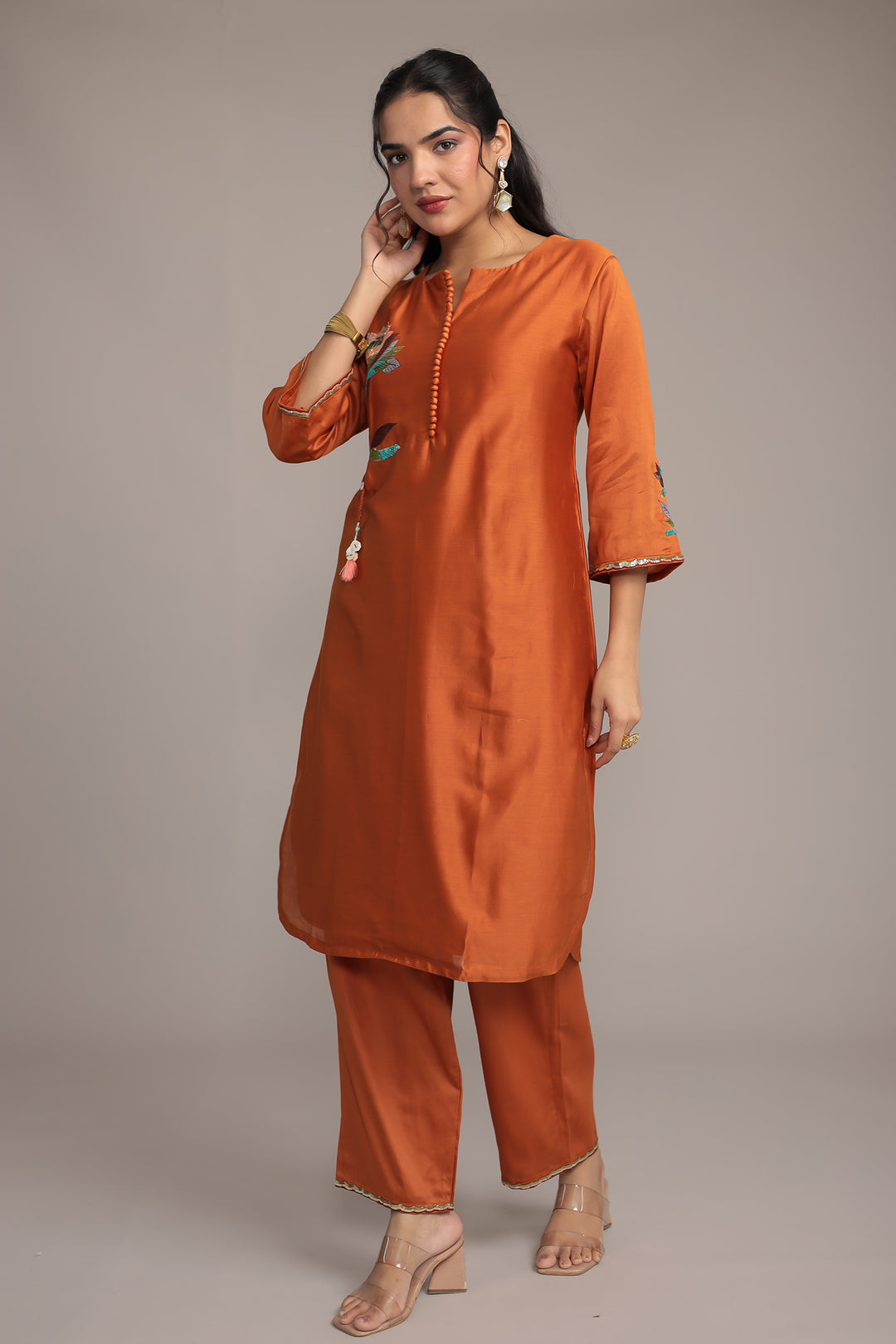 Silk Suit Featuring Fine Embroidery and Sequins Embellishment