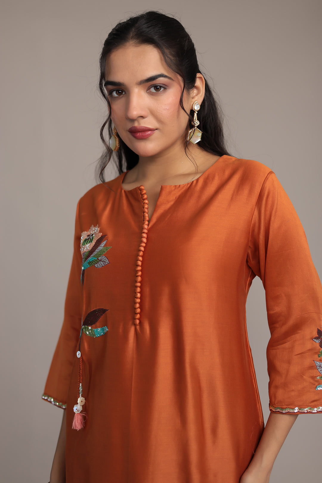 Silk Suit Featuring Fine Embroidery and Sequins Embellishment