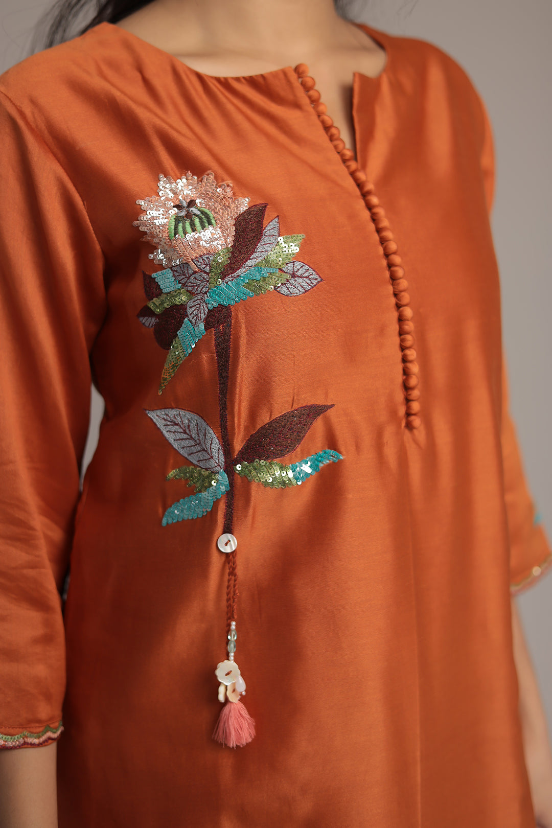 Silk Suit Featuring Fine Embroidery and Sequins Embellishment