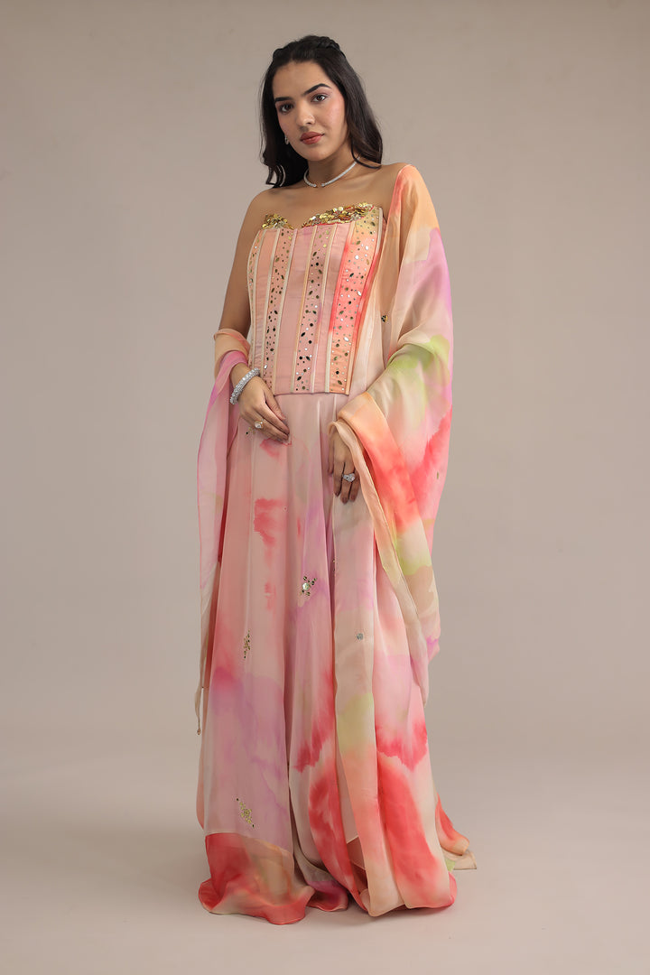 Tie & Dye Soft Organza Indowestern with Sequins and Mirror work
