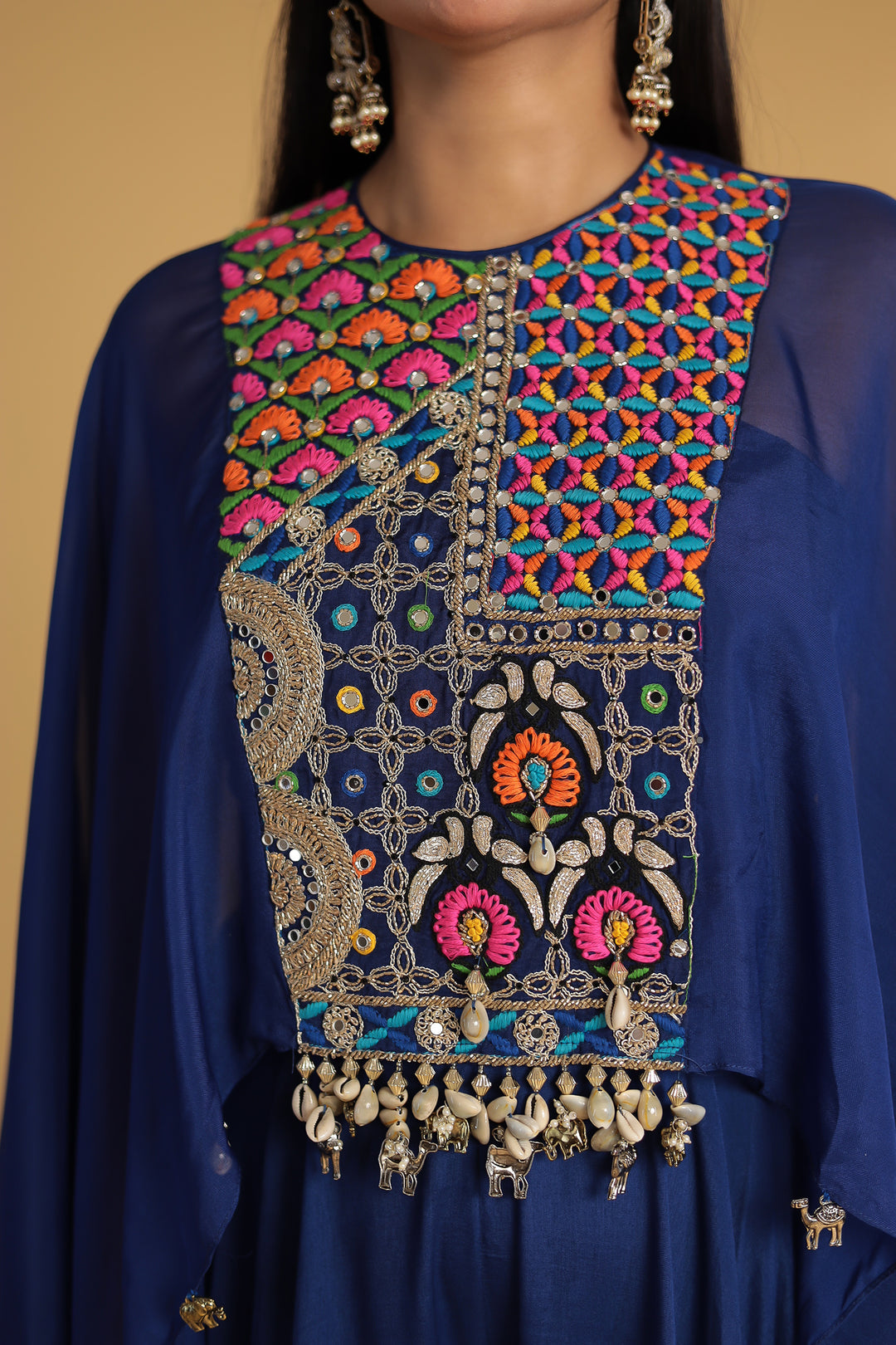 Flared Sleeve Silk Indowestern with Mirror and Thread work