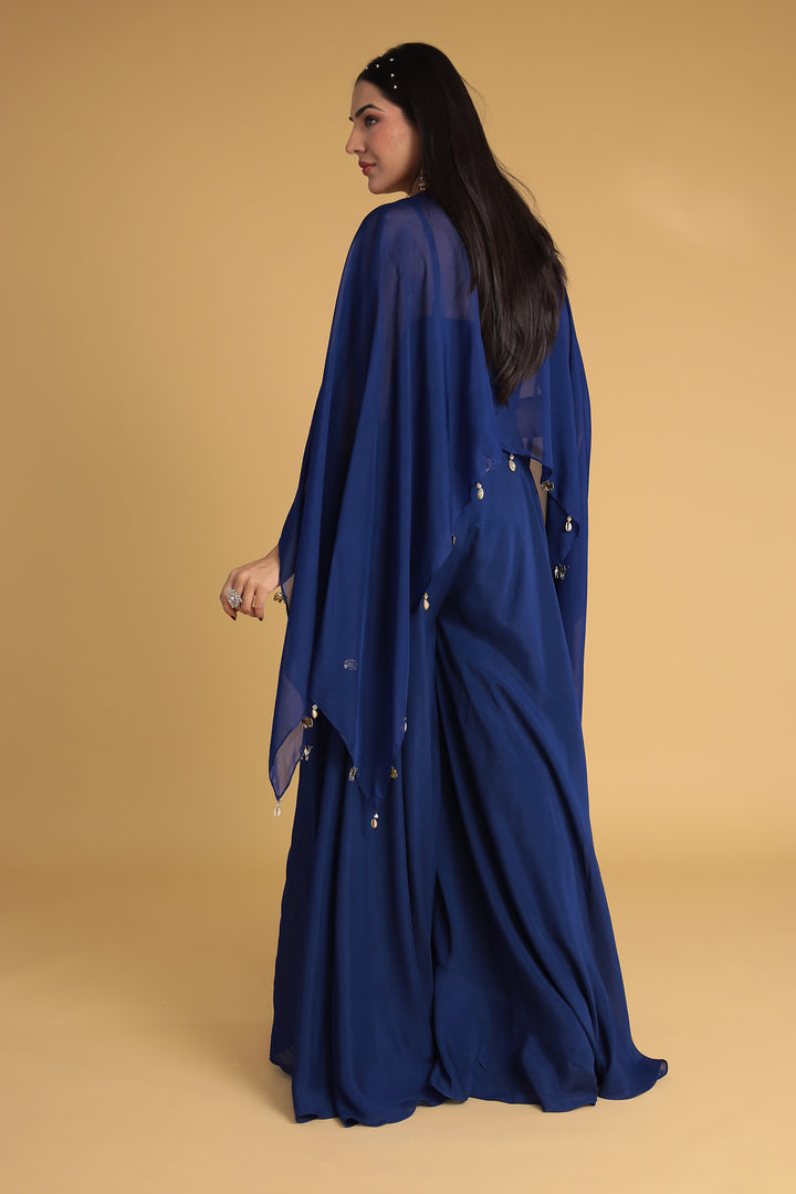 Flared Sleeve Silk Indowestern with Mirror and Thread work