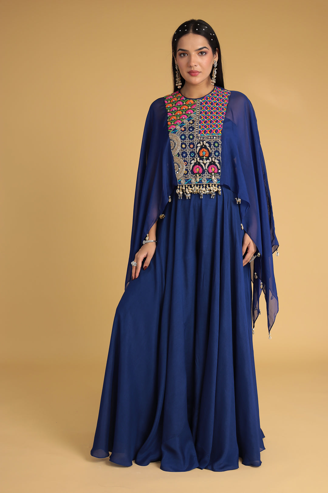 Flared Sleeve Silk Indowestern with Mirror and Thread work