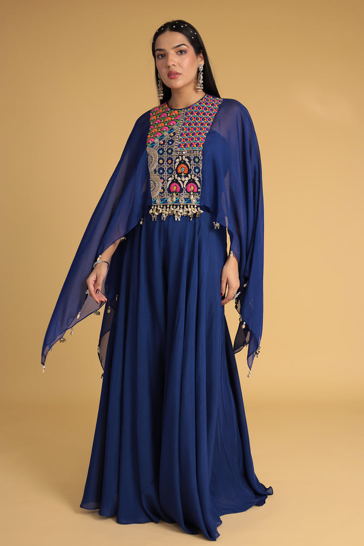Flared Sleeve Silk Indowestern with Mirror and Thread work