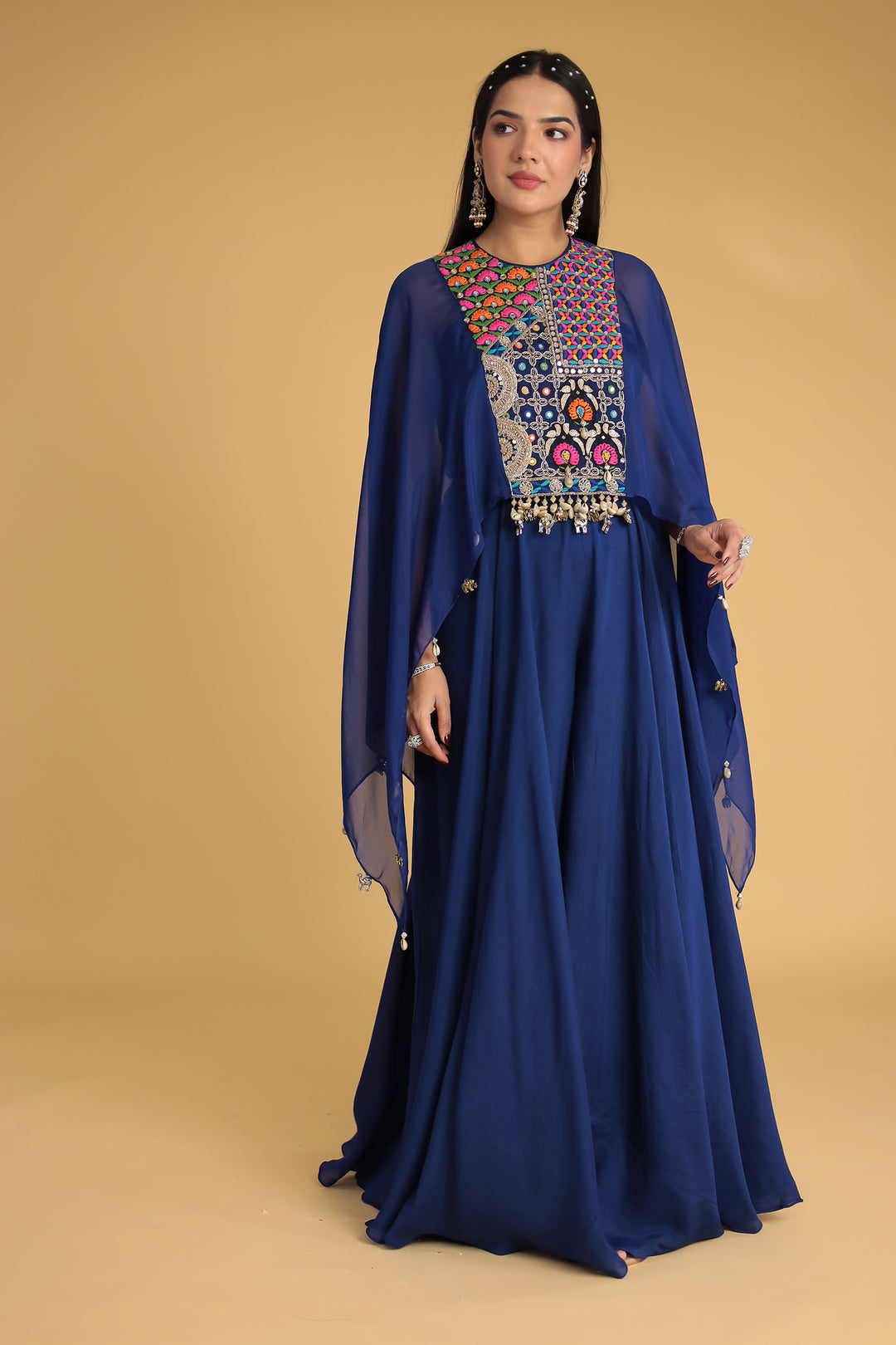 Flared Sleeve Silk Indowestern with Mirror and Thread work