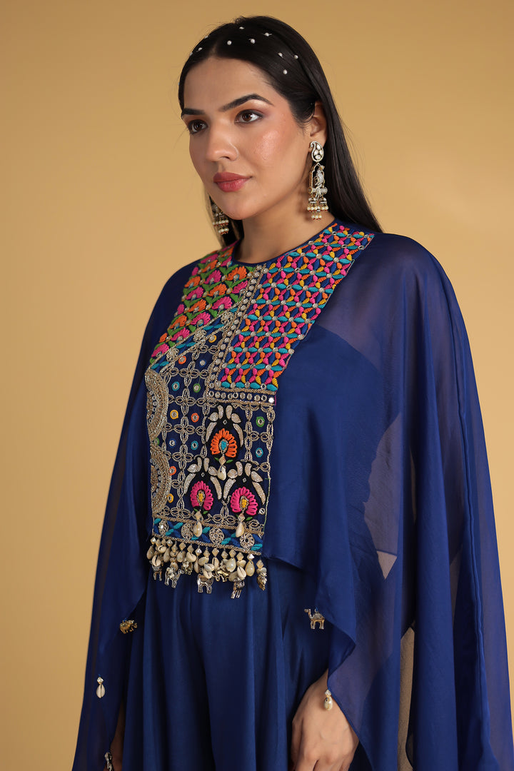 Flared Sleeve Silk Indowestern with Mirror and Thread work