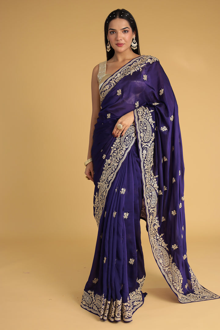 Chinon Silk Saree Enhanced with Dori and Sequins work