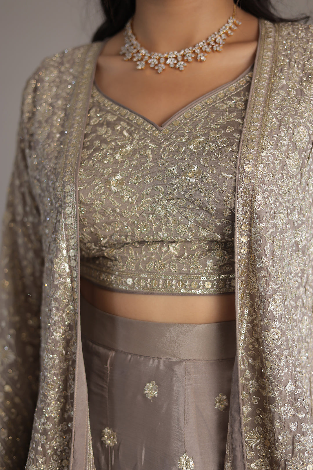 Double Shaded Chinon Silk Indowestern with Aari, Sequins and Swarovski work