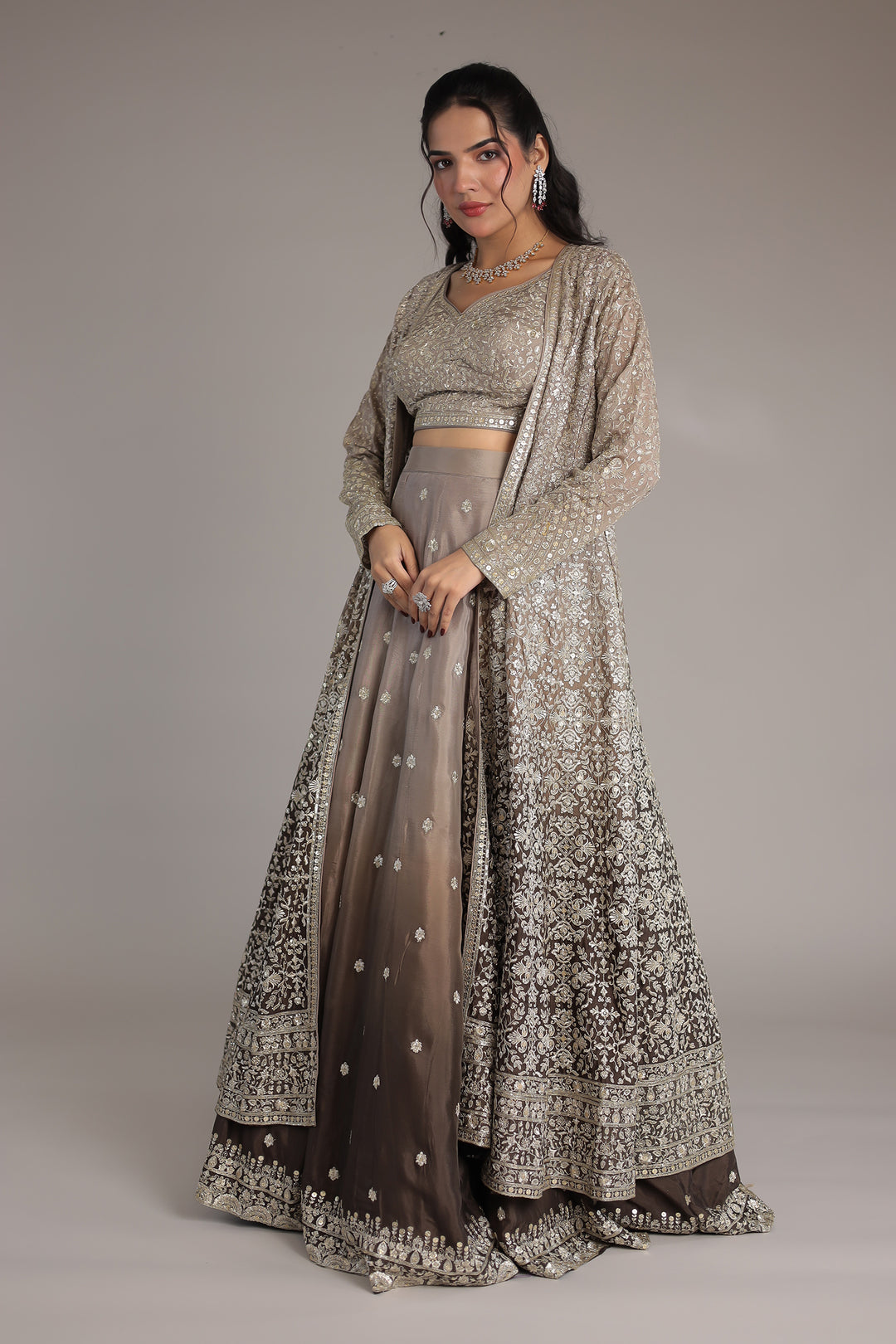 Double Shaded Chinon Silk Indowestern with Aari, Sequins and Swarovski work