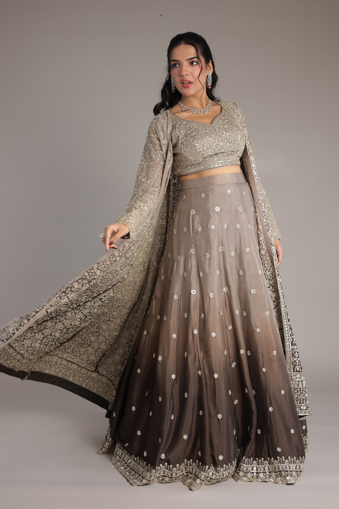 Double Shaded Chinon Silk Indowestern with Aari, Sequins and Swarovski work
