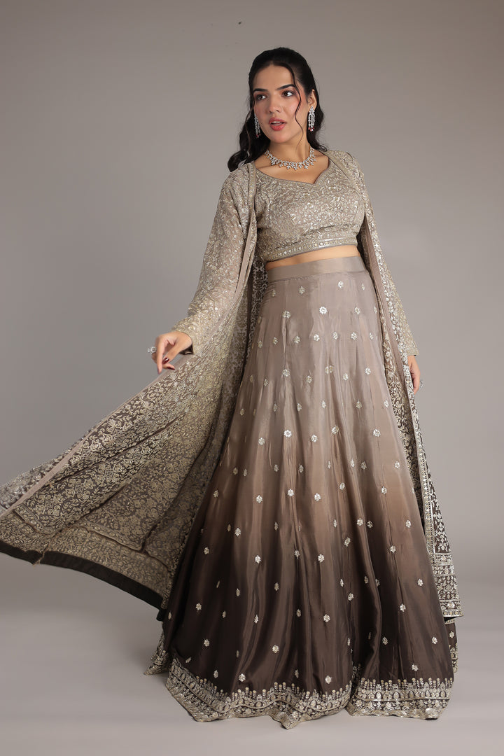 Double Shaded Chinon Silk Indowestern with Aari, Sequins and Swarovski work