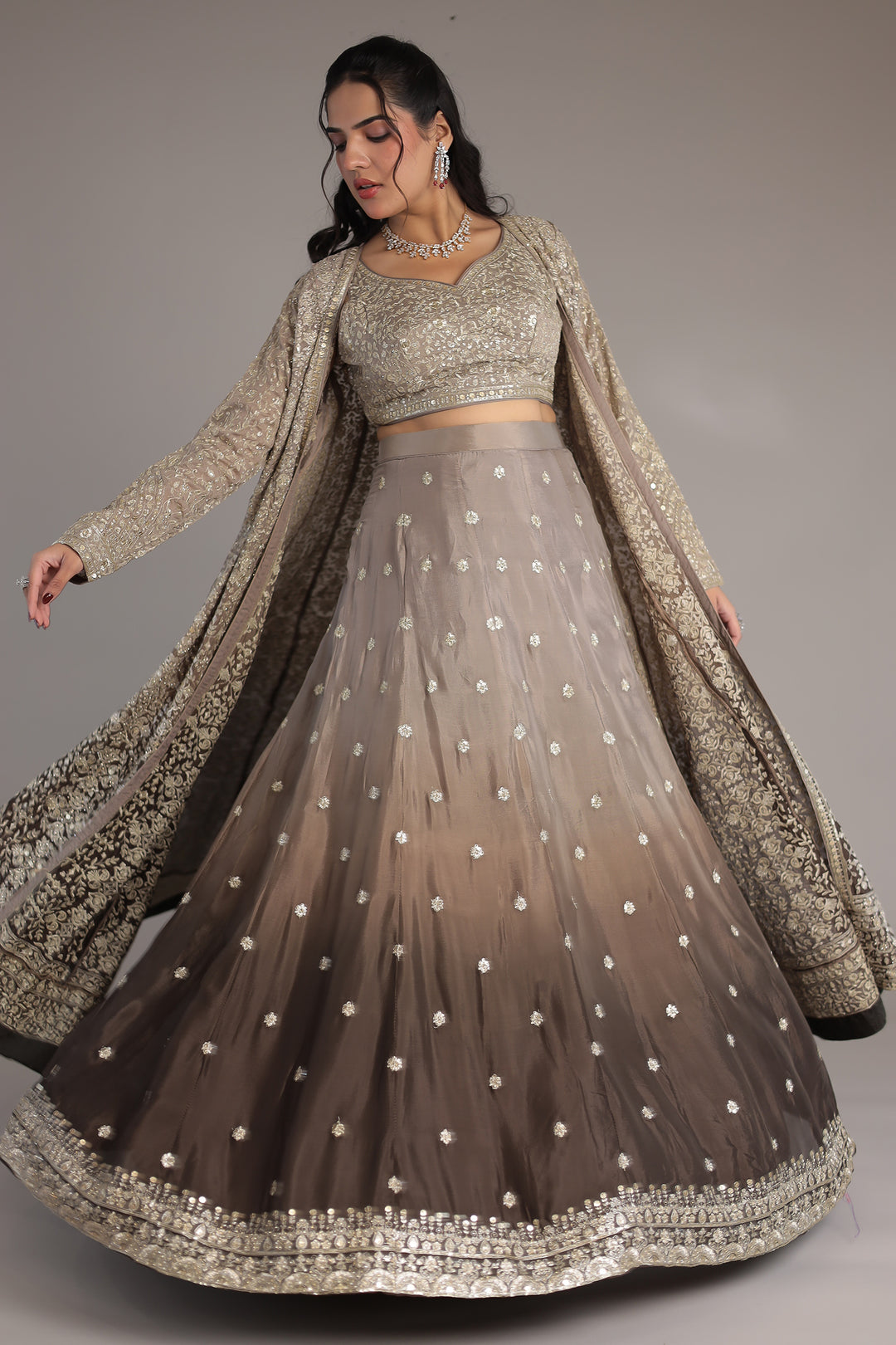 Double Shaded Chinon Silk Indowestern with Aari, Sequins and Swarovski work