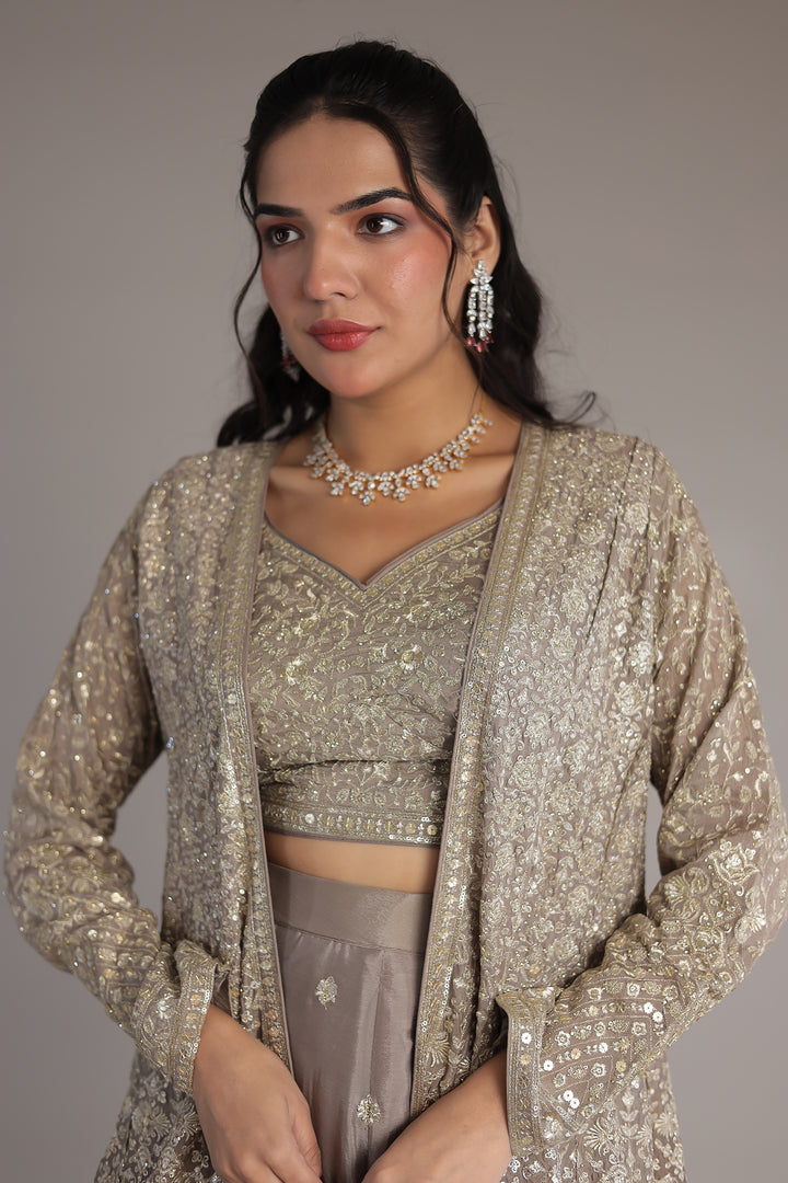 Double Shaded Chinon Silk Indowestern with Aari, Sequins and Swarovski work