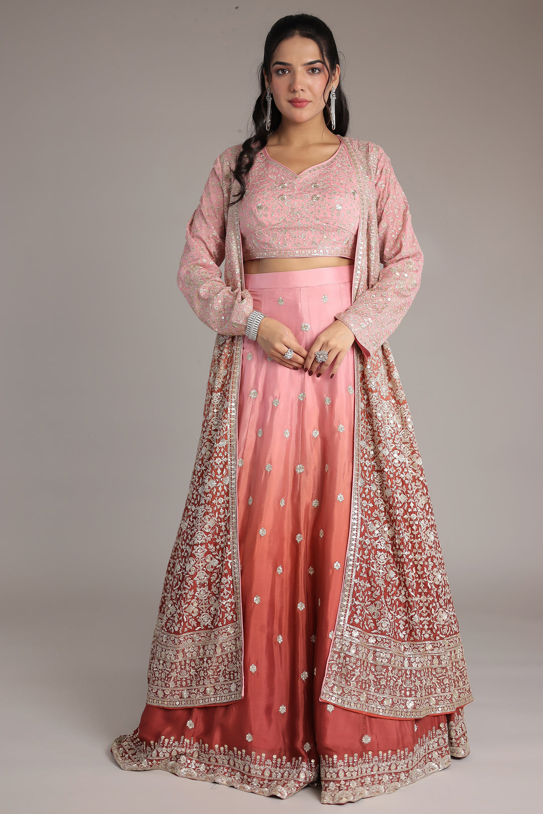 Double Shaded Chinon Silk Indowestern with Aari, Sequins and Swarovski work