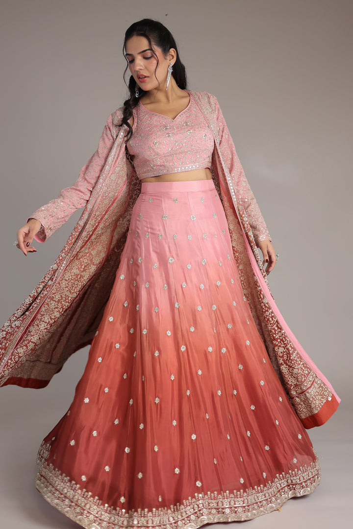 Double Shaded Chinon Silk Indowestern with Aari, Sequins and Swarovski work