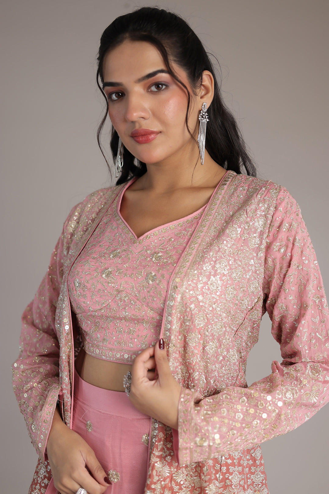 Double Shaded Chinon Silk Indowestern with Aari, Sequins and Swarovski work