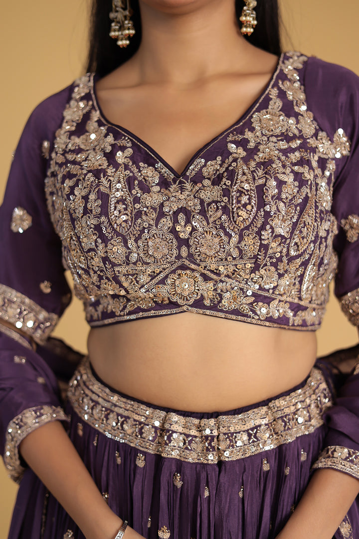 Chinon Silk Lehenga Detailed with Sequins and Thread work