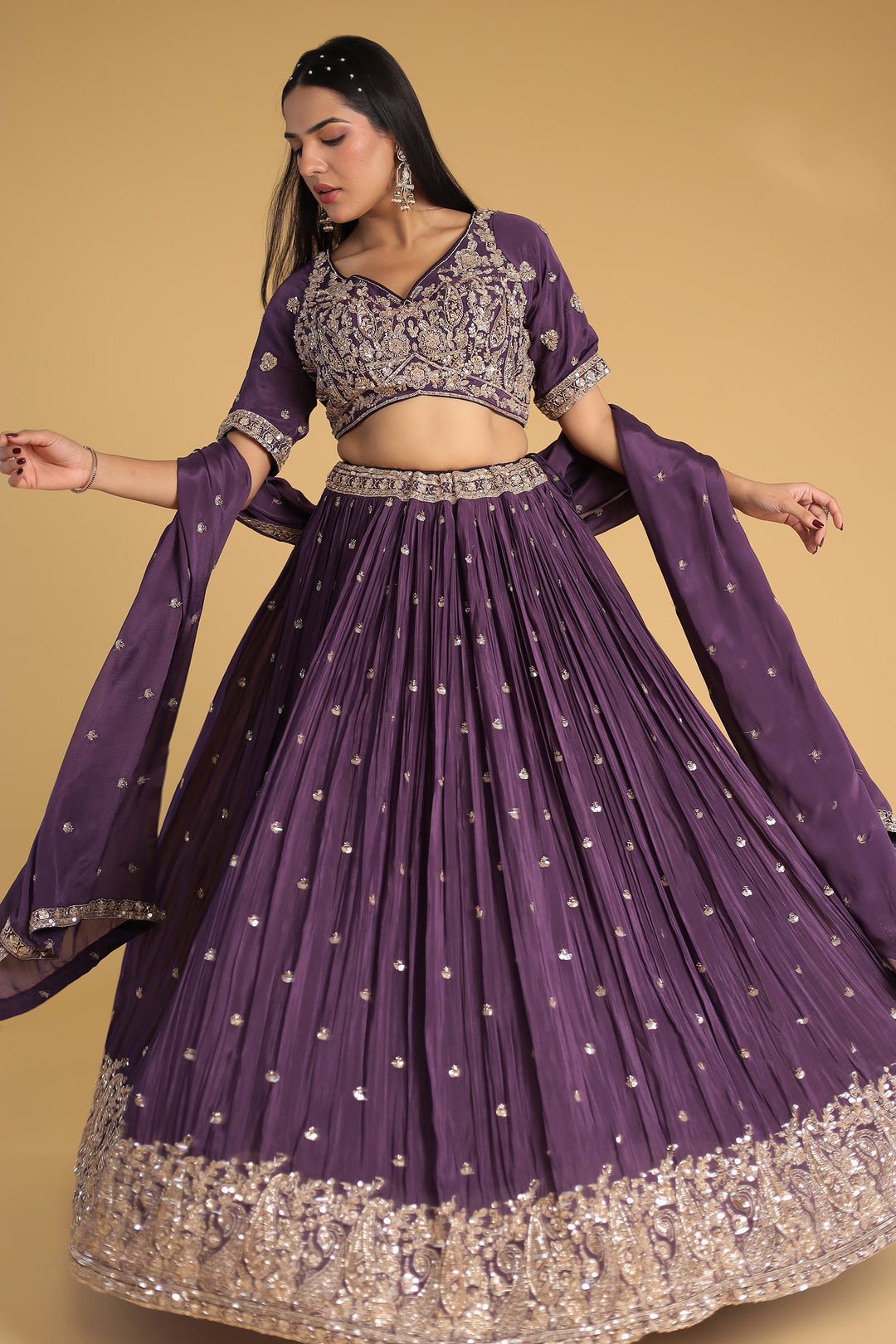 Chinon Silk Lehenga Detailed with Sequins and Thread work