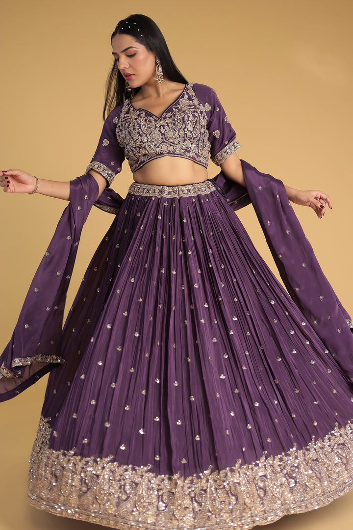 Chinon Silk Lehenga Detailed with Sequins and Thread work