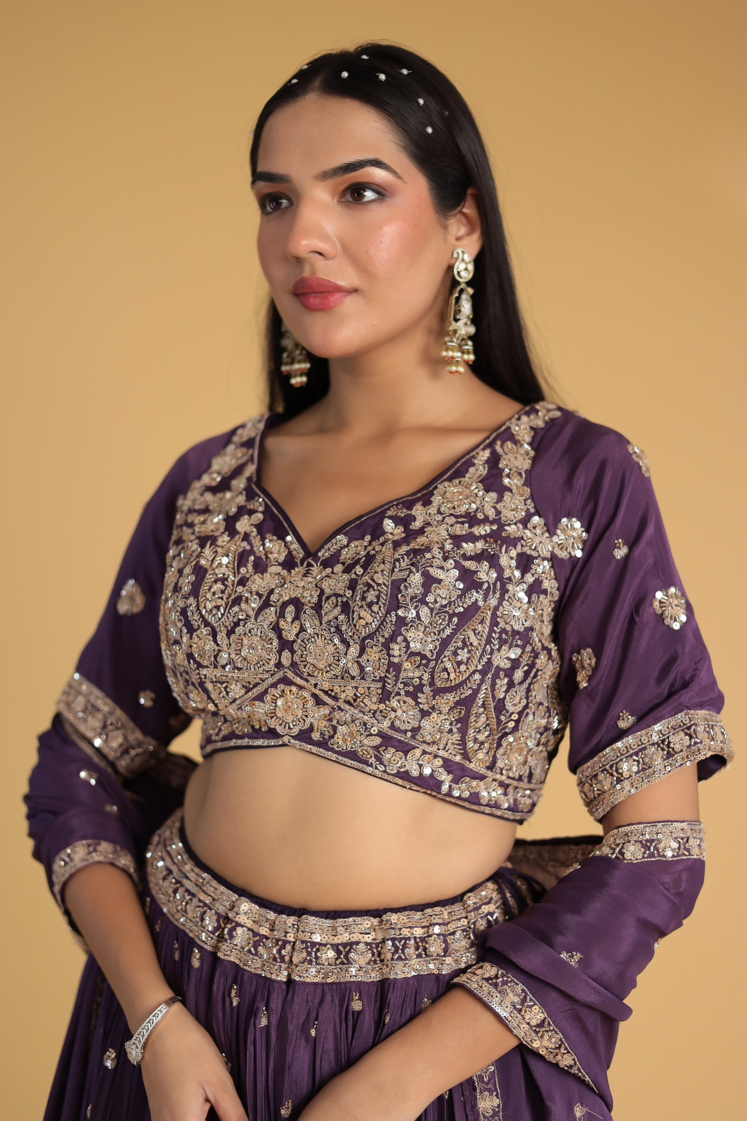 Chinon Silk Lehenga Detailed with Sequins and Thread work