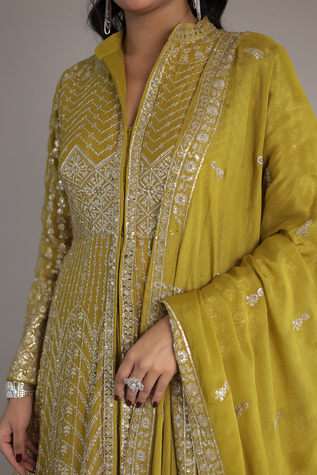 Floor Length Chinon Silk Indowestern Enhanced with Aari and Sequins work