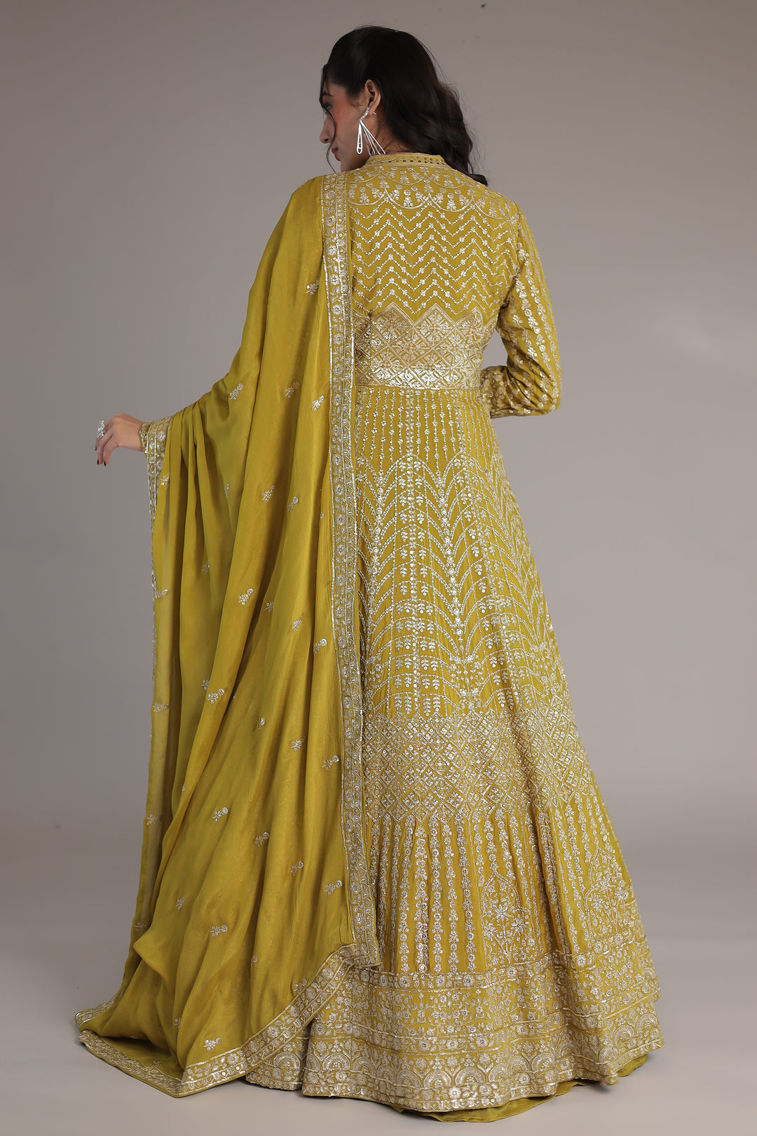 Floor Length Chinon Silk Indowestern Enhanced with Aari and Sequins work