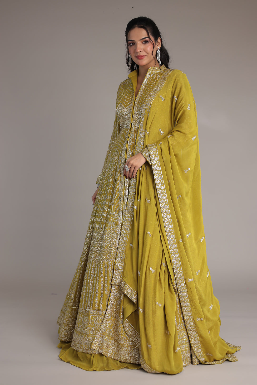 Floor Length Chinon Silk Indowestern Enhanced with Aari and Sequins work