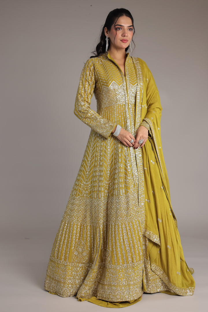 Floor Length Chinon Silk Indowestern Enhanced with Aari and Sequins work