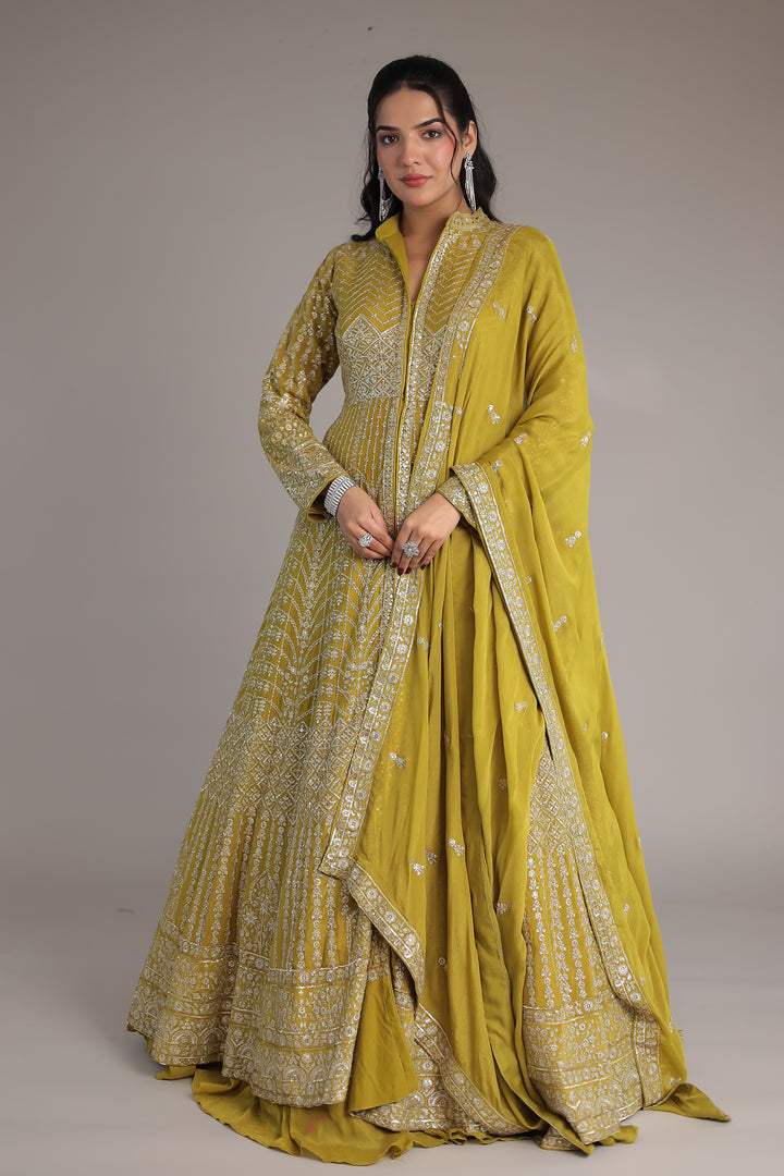 Floor Length Chinon Silk Indowestern Enhanced with Aari and Sequins work