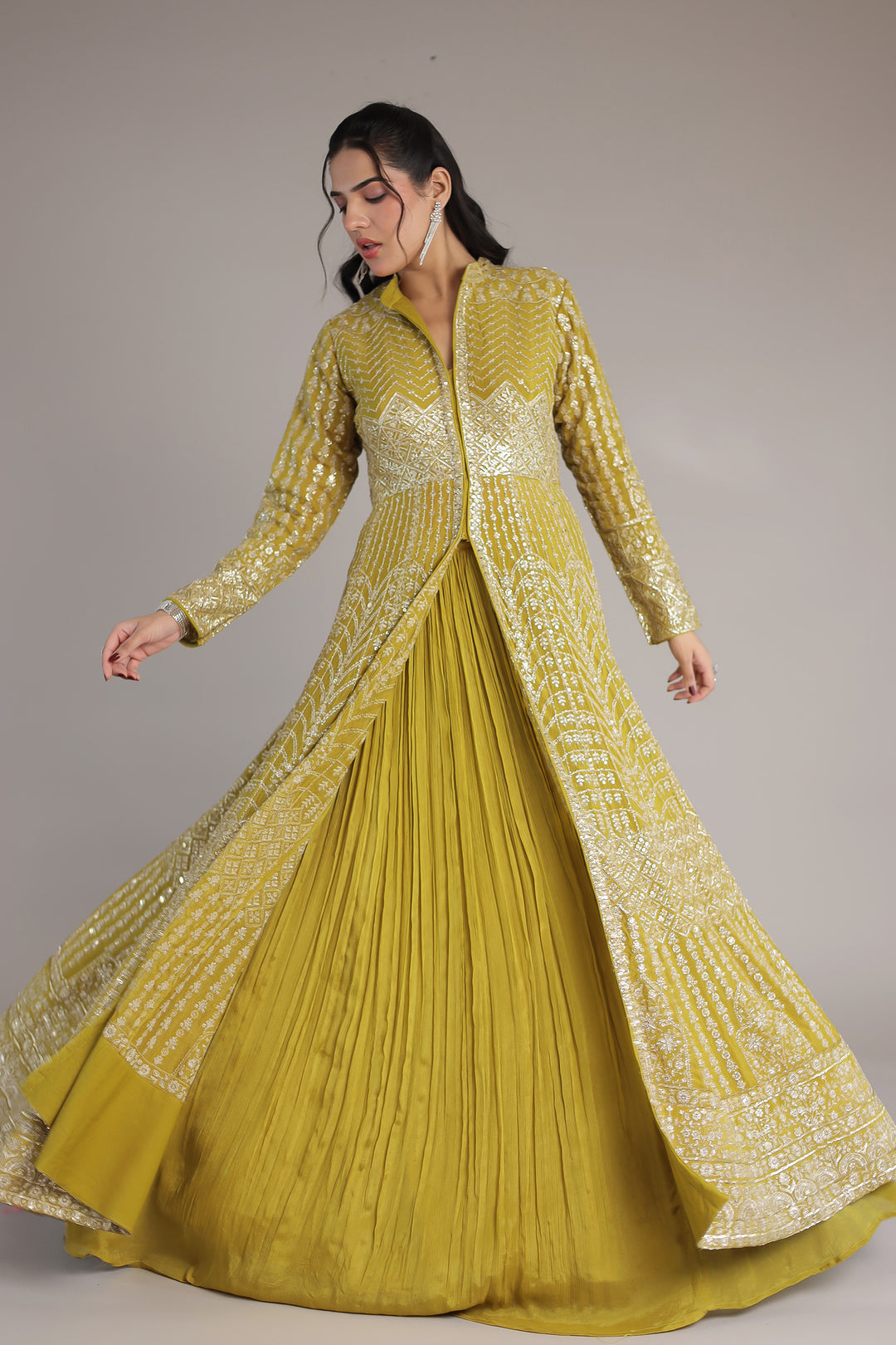 Floor Length Chinon Silk Indowestern Enhanced with Aari and Sequins work