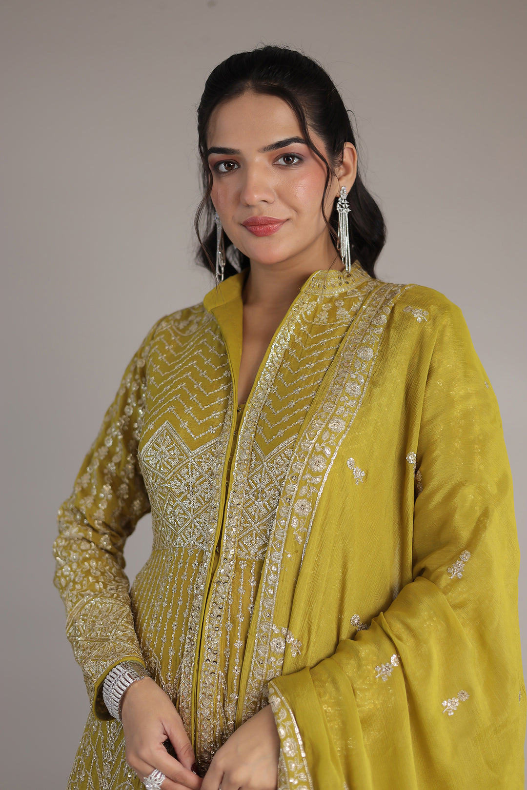 Floor Length Chinon Silk Indowestern Enhanced with Aari and Sequins work