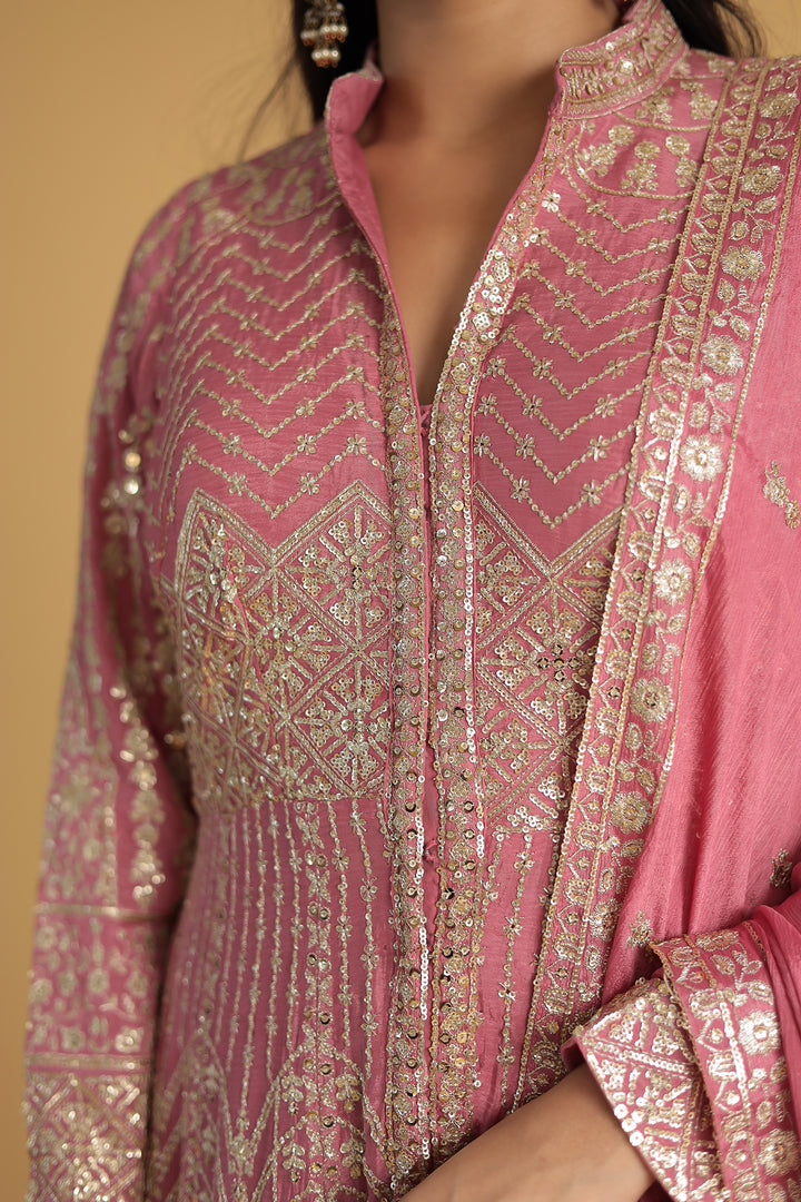 Floor Length Chinon Silk Indowestern Enhanced with Aari and Sequins work