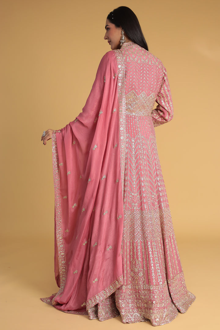 Floor Length Chinon Silk Indowestern Enhanced with Aari and Sequins work
