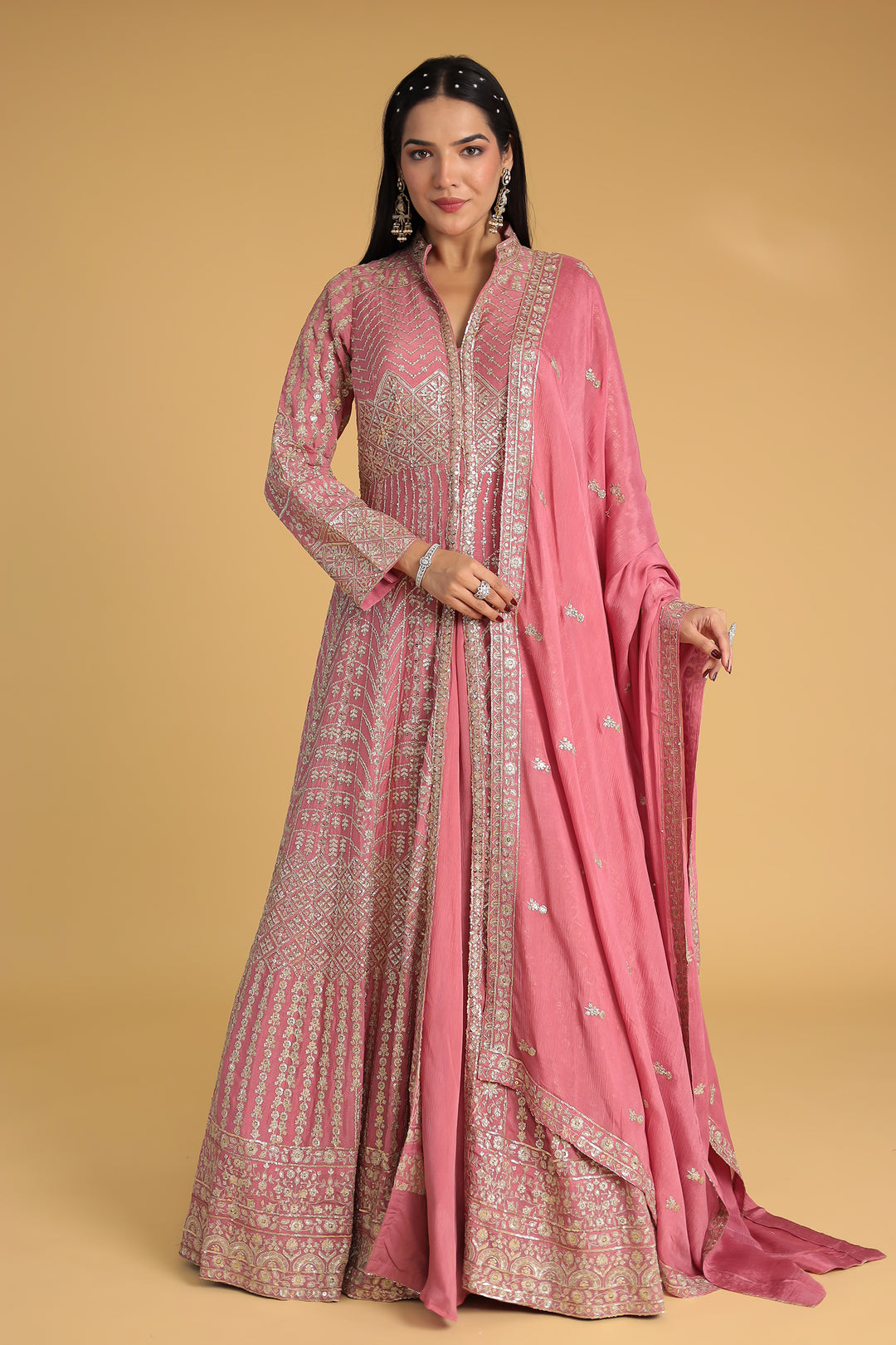 Floor Length Chinon Silk Indowestern Enhanced with Aari and Sequins work