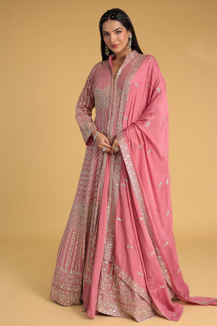 Floor Length Chinon Silk Indowestern Enhanced with Aari and Sequins work