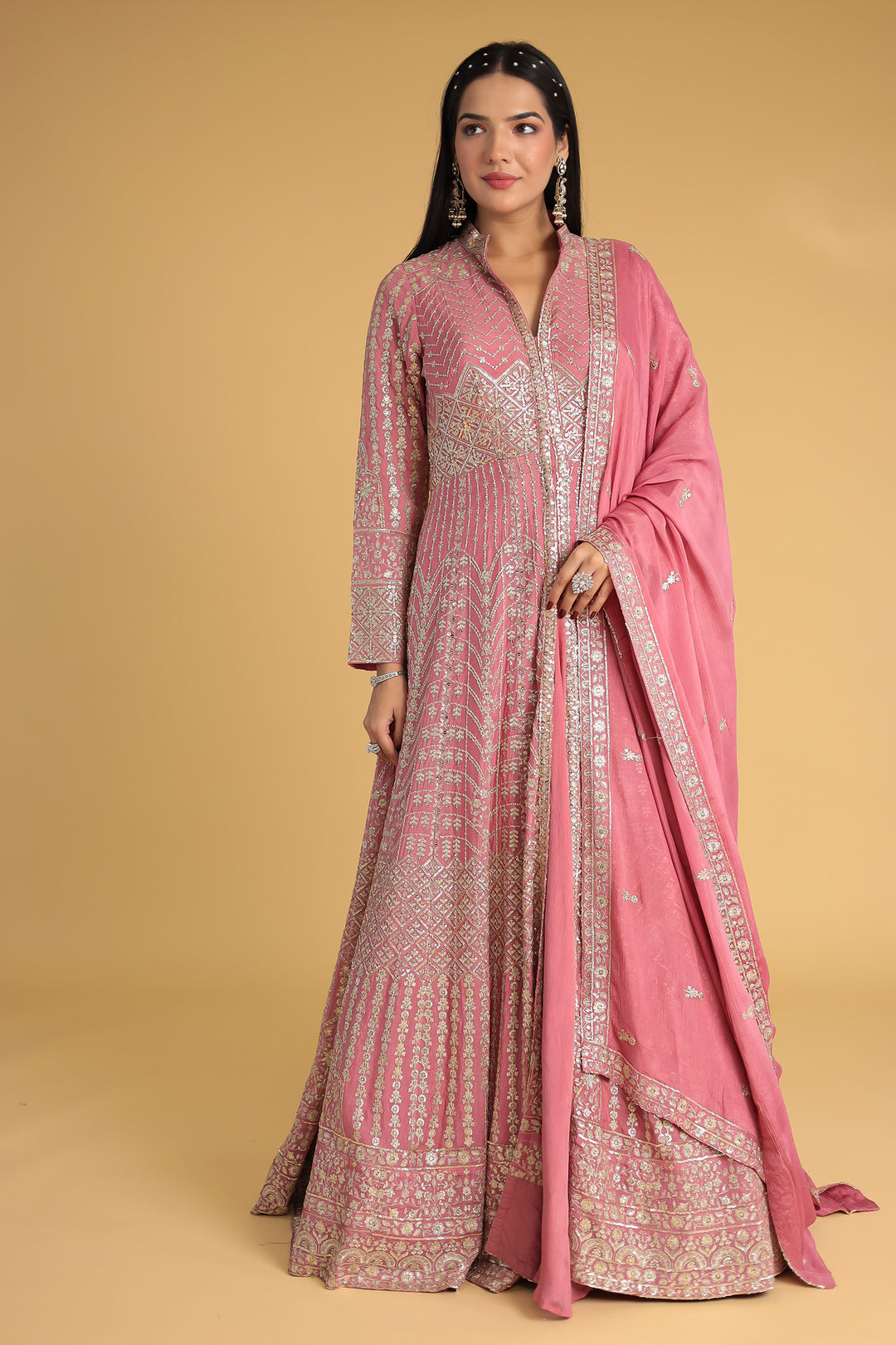 Floor Length Chinon Silk Indowestern Enhanced with Aari and Sequins work