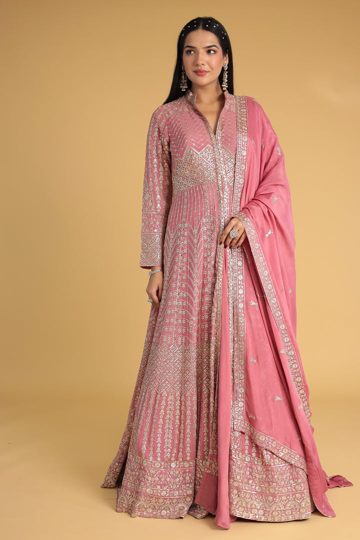 Floor Length Chinon Silk Indowestern Enhanced with Aari and Sequins work